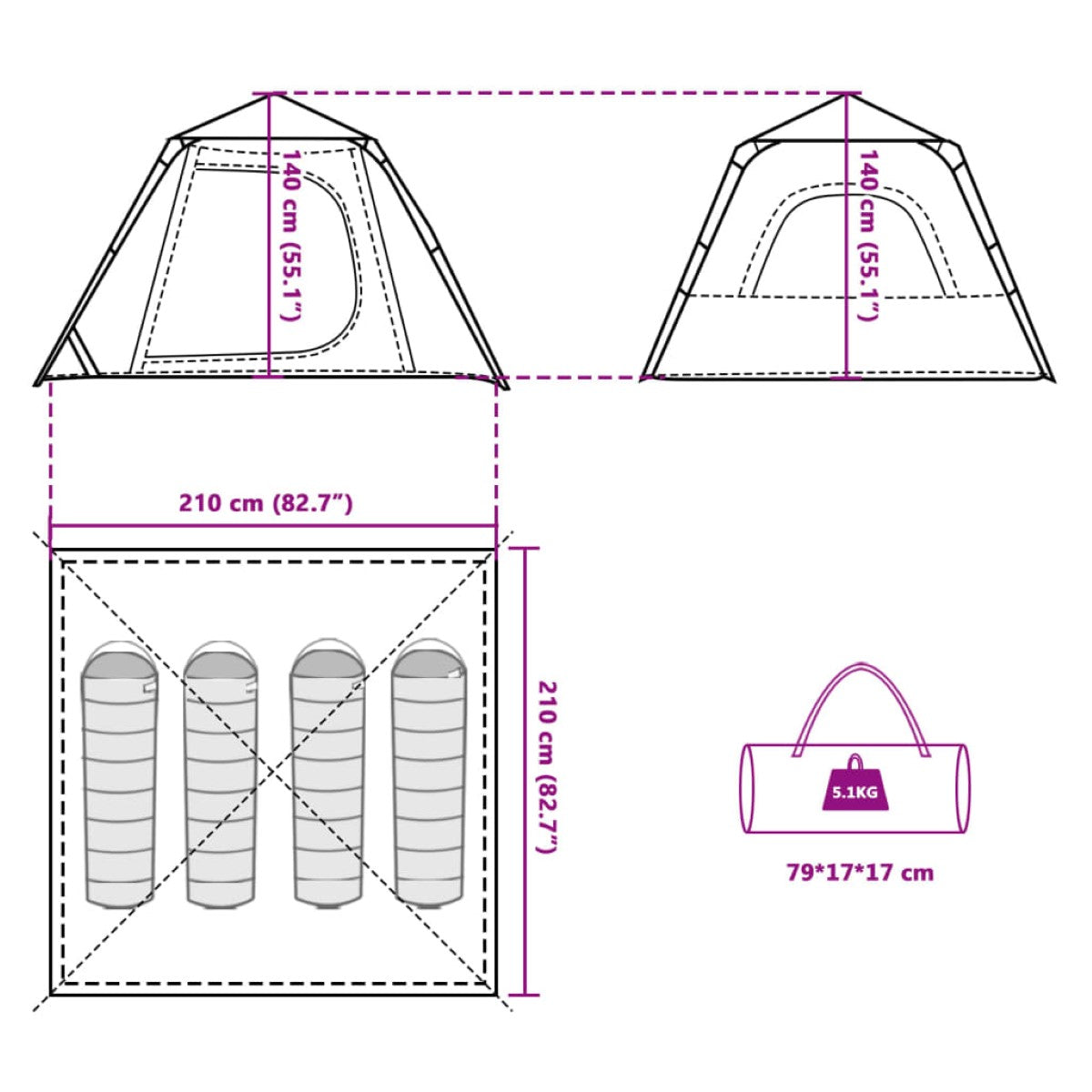 Campingtält 4-personer Kupol Pop-up